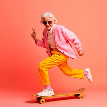 Extravagante Seniorin auf einem Skateboard
